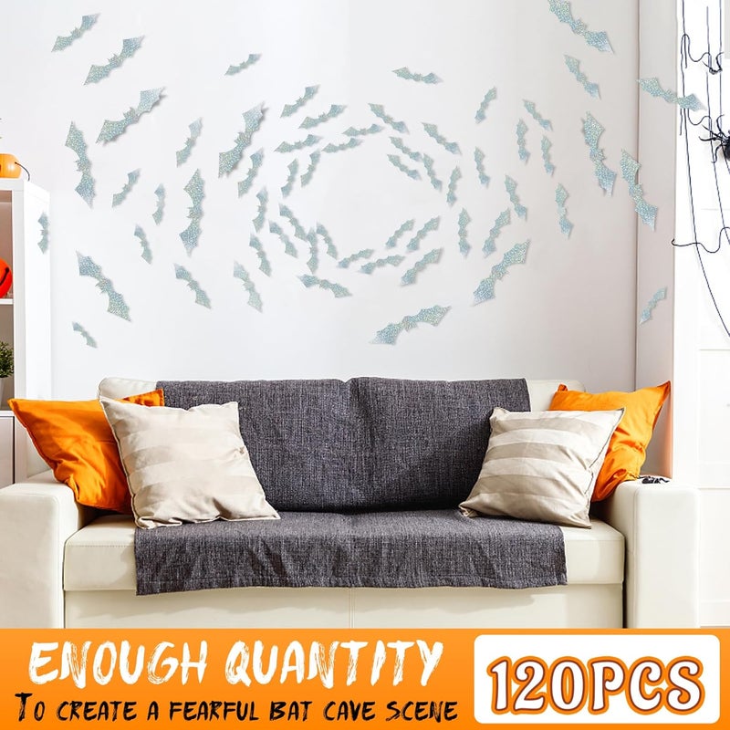 DELEMI 120 Pcs 3D Bat Wall Decor,Halloween Decoration Waterproof Spooky Stickers for Room Decals Party Supplies Home Decoration (Silver Bat) - Image 4
